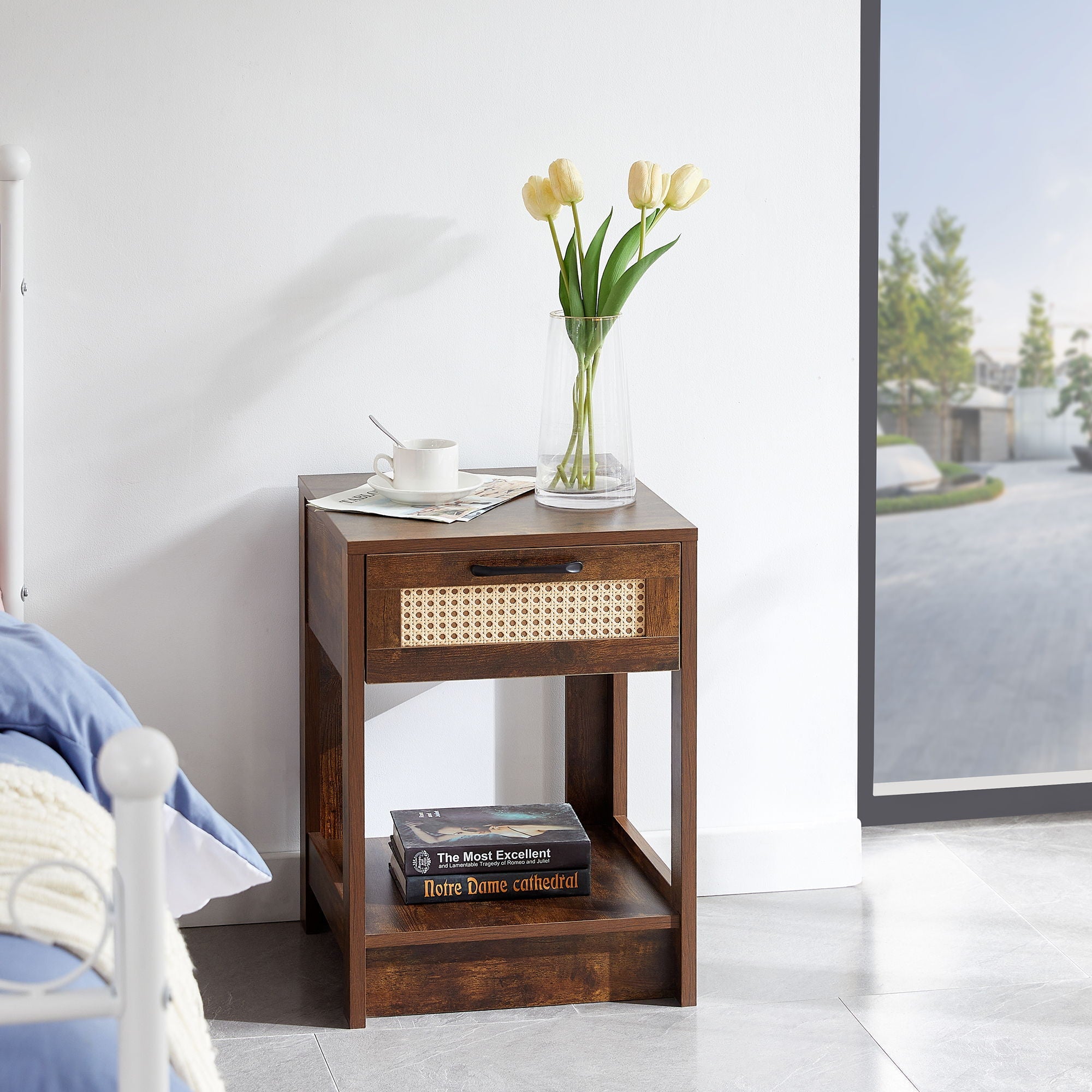 15.75" Rattan End Table With Drawer