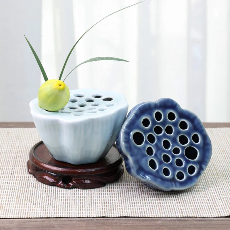 Japanese Ceramic Lotus Ikebana Flower Vase  Built-In Frog Holder