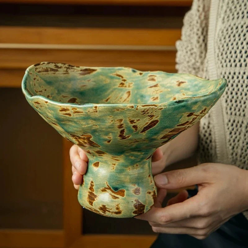 Vintage Wabi-Sabi Irregular Ceramic Pedestal Fruit Bowl