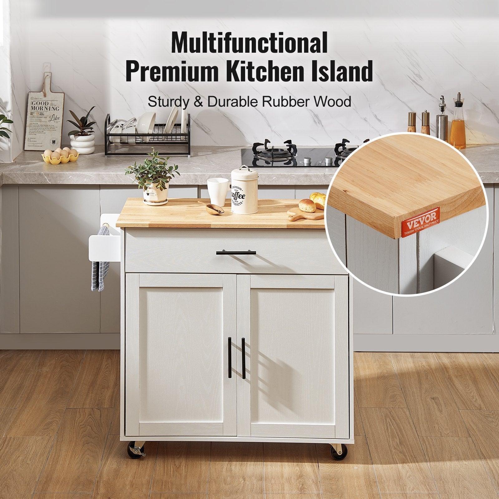 Kitchen Island Cart With Solid Wood Top, Mobile Carts With Storage Cabinet, Rolling Kitchen Table With Spice Rack, Towel Rack, Drop Leaf And Drawer, Portable Islands On Wheels, White