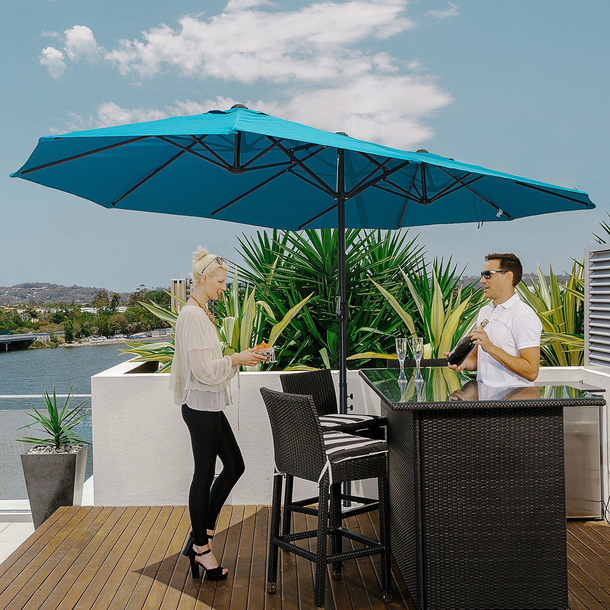 Patio Umbrella 15ft Double-Sided Outdoor Market Extra Large Umbrella With Crank Handle For Deck, Lawn, Backyard And Pool, Blue
