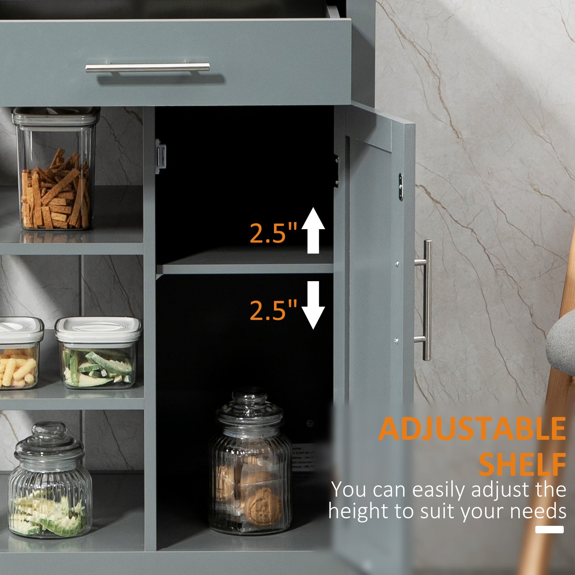 Rolling Kitchen Island Cart with Cabinet, 3-Tier Open Shelving & Towel Rack