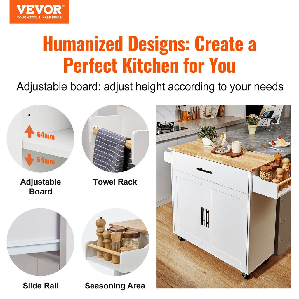 Kitchen Island Cart With Solid Wood Top, Mobile Carts With Storage Cabinet, Rolling Kitchen Table With Spice Rack, Towel Rack, Drop Leaf And Drawer, Portable Islands On Wheels, White