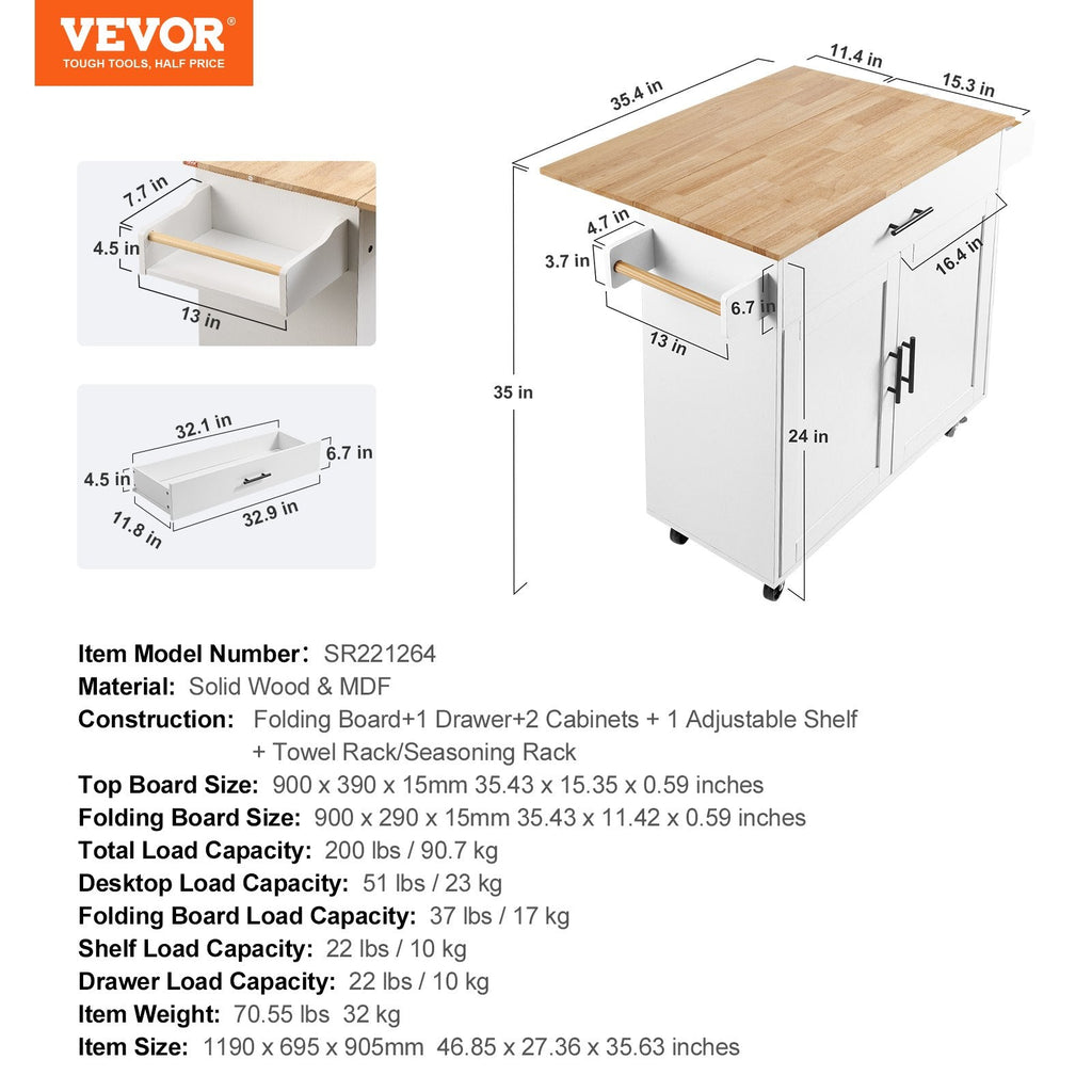 Kitchen Island Cart With Solid Wood Top, Mobile Carts With Storage Cabinet, Rolling Kitchen Table With Spice Rack, Towel Rack, Drop Leaf And Drawer, Portable Islands On Wheels, White