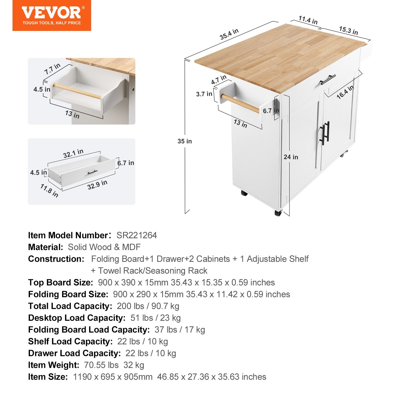 Kitchen Island Cart With Solid Wood Top, Mobile Carts With Storage Cabinet, Rolling Kitchen Table With Spice Rack, Towel Rack, Drop Leaf And Drawer, Portable Islands On Wheels, White