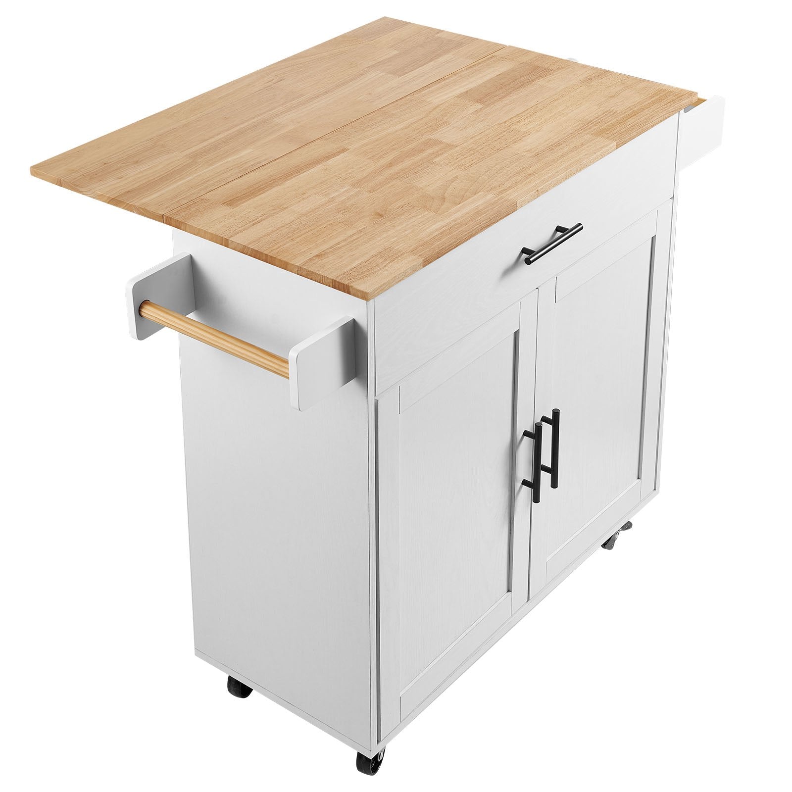 Kitchen Island Cart With Solid Wood Top, Mobile Carts With Storage Cabinet, Rolling Kitchen Table With Spice Rack, Towel Rack, Drop Leaf And Drawer, Portable Islands On Wheels, White
