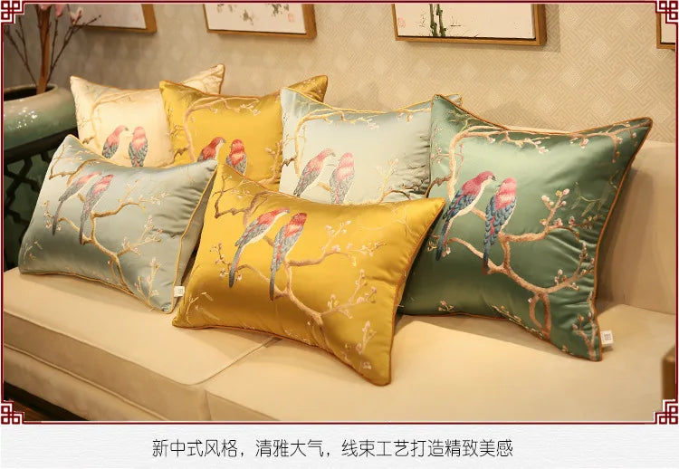 Chinese-Style Sparrow Embroidered Cushion Cover