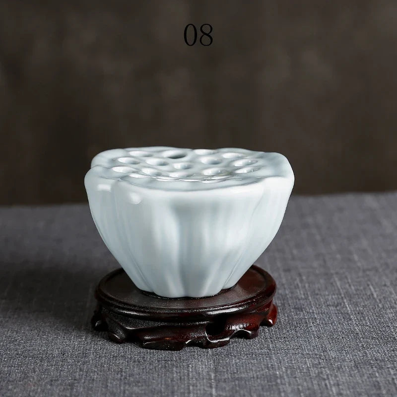 Japanese Ceramic Lotus Ikebana Flower Vase  Built-In Frog Holder