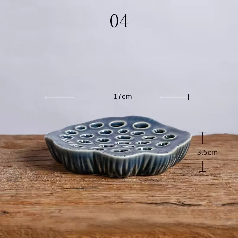 Japanese Ceramic Lotus Ikebana Flower Vase  Built-In Frog Holder