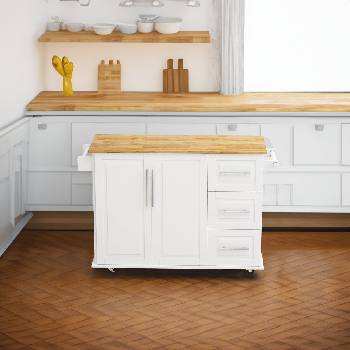 Kitchen Island Cart with 2 Door Cabinet and Three Drawers