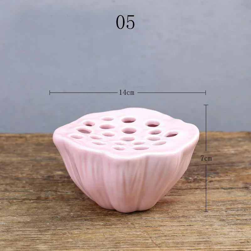 Japanese Ceramic Lotus Ikebana Flower Vase  Built-In Frog Holder