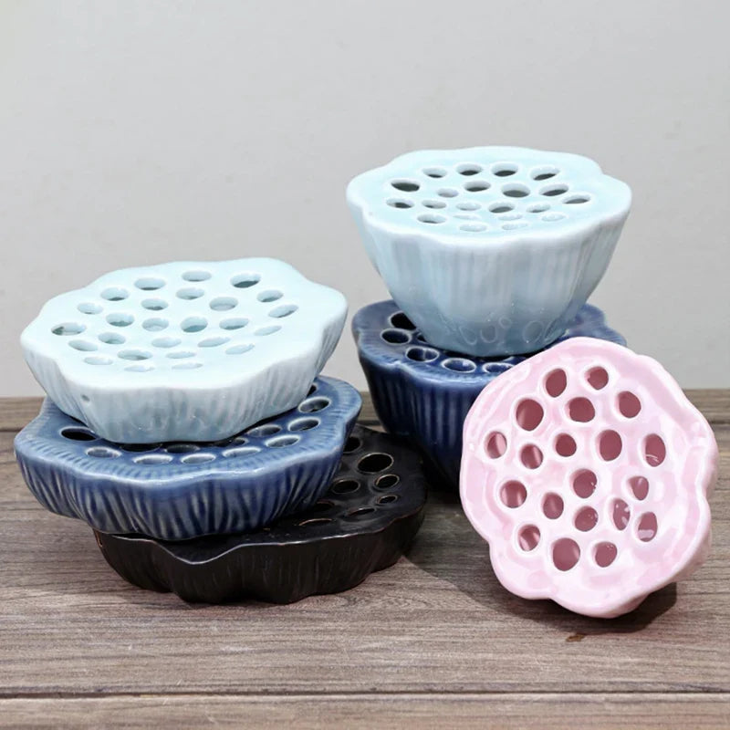 Japanese Ceramic Lotus Ikebana Flower Vase  Built-In Frog Holder