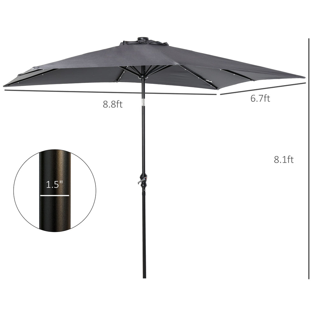 9' X 7' Solar Umbrella, LED Lighted Patio Umbrella For Table Or Base With Tilt & Crank, Outdoor Umbrella For Garden, Deck, Backyard, Pool, Beach, Dark Gray
