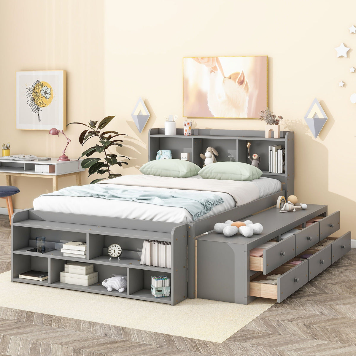 Bed With Bookcase Headboard, Under Bed Storage Drawers