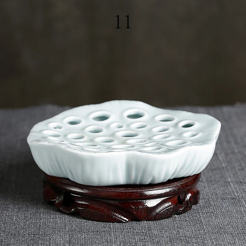 Japanese Ceramic Lotus Ikebana Flower Vase  Built-In Frog Holder