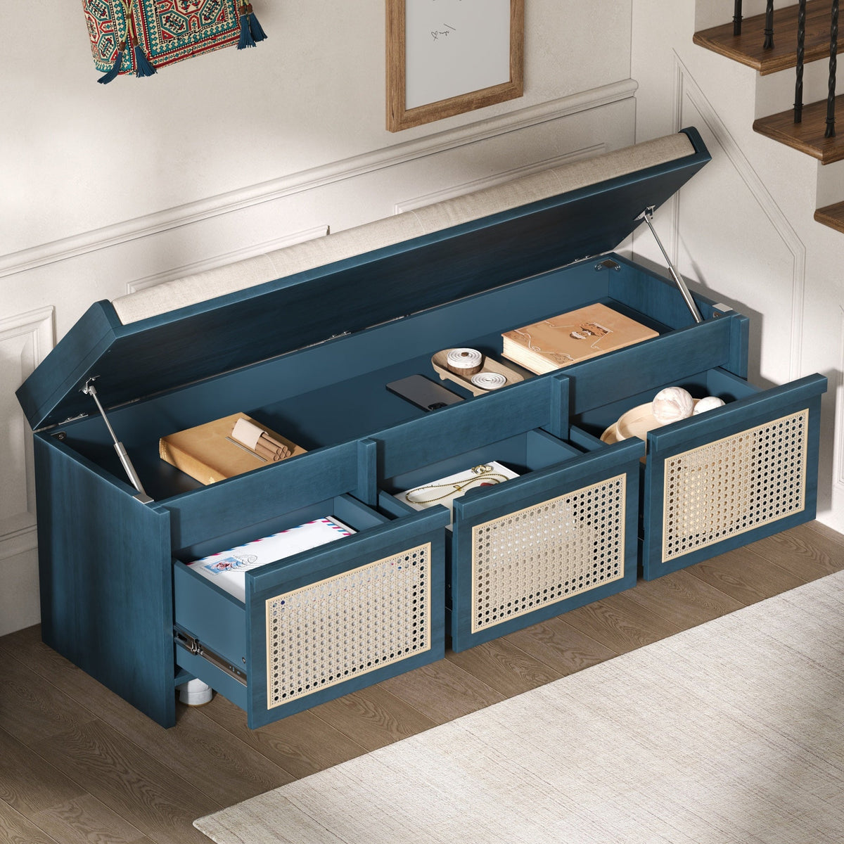 TREXM 48" Entryway Shoe Bench, Retro Style with Rattan Drawers