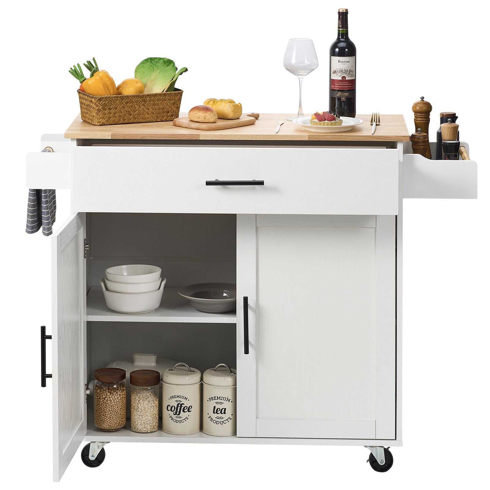 Kitchen Island Cart With Solid Wood Top, Mobile Carts With Storage Cabinet, Rolling Kitchen Table With Spice Rack, Towel Rack, Drop Leaf And Drawer, Portable Islands On Wheels, White