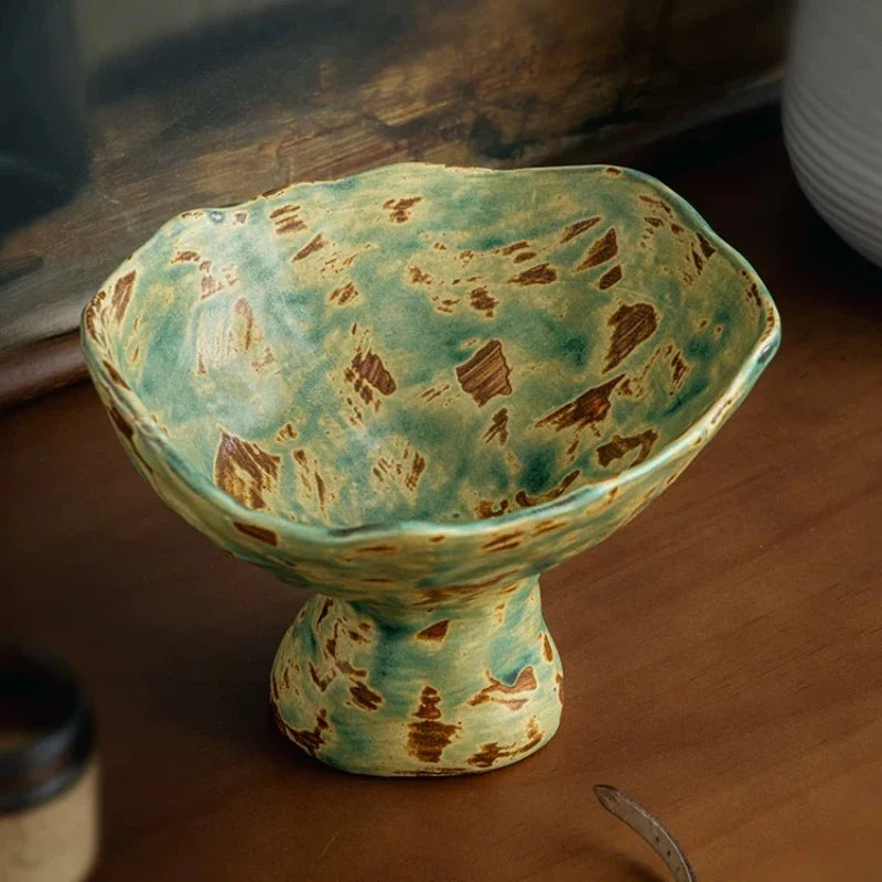 Vintage Wabi-Sabi Irregular Ceramic Pedestal Fruit Bowl
