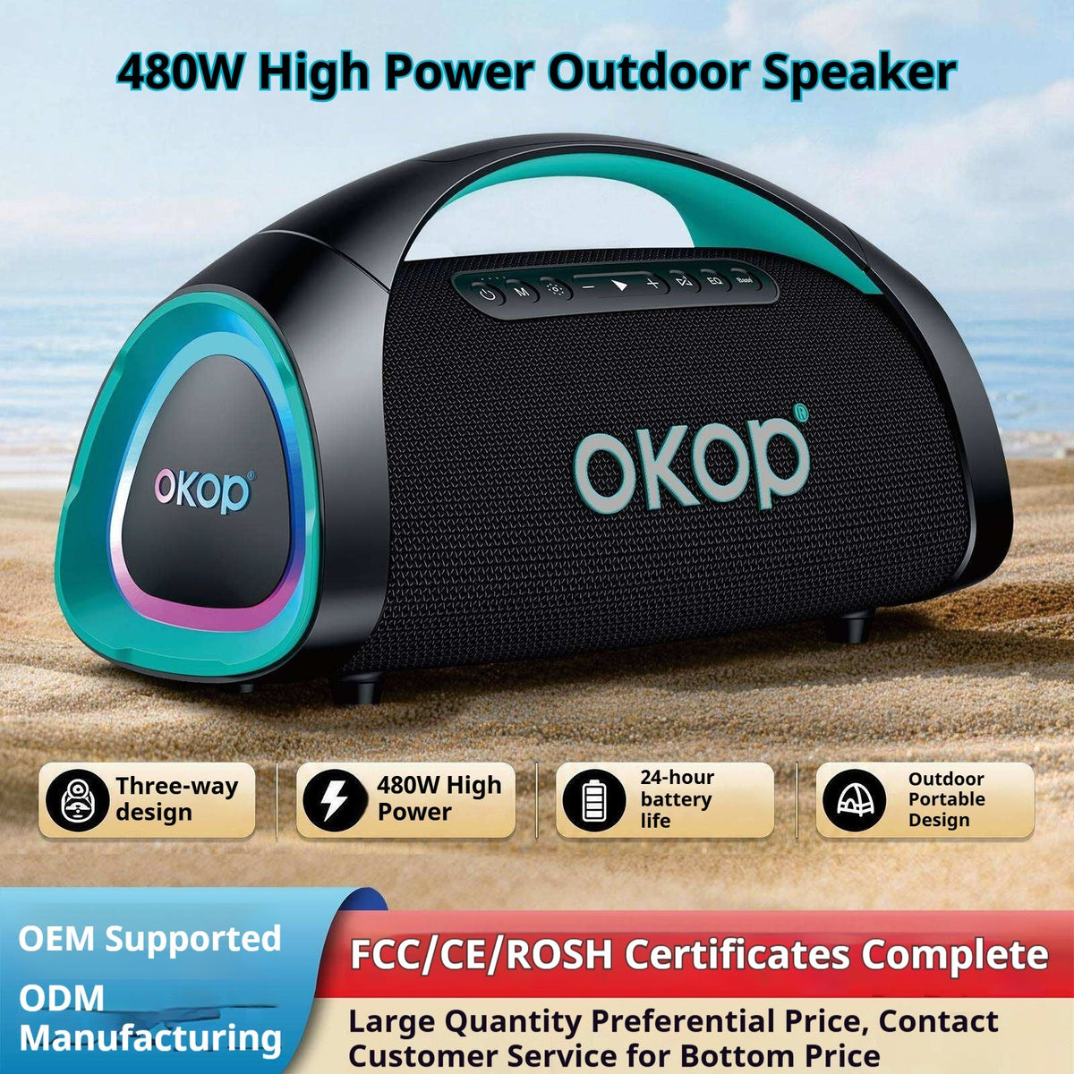 Portable Bluetooth Speaker With Handle Heavy Bass Subwoofer Ambient Lighting