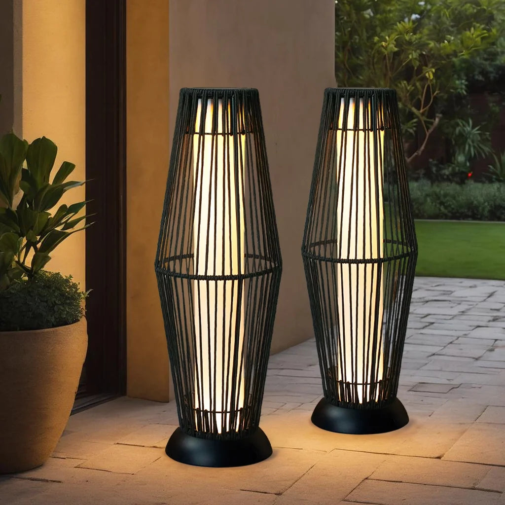 2 Piece Solar Powered Lantern Wicker Solar Patio Lamp