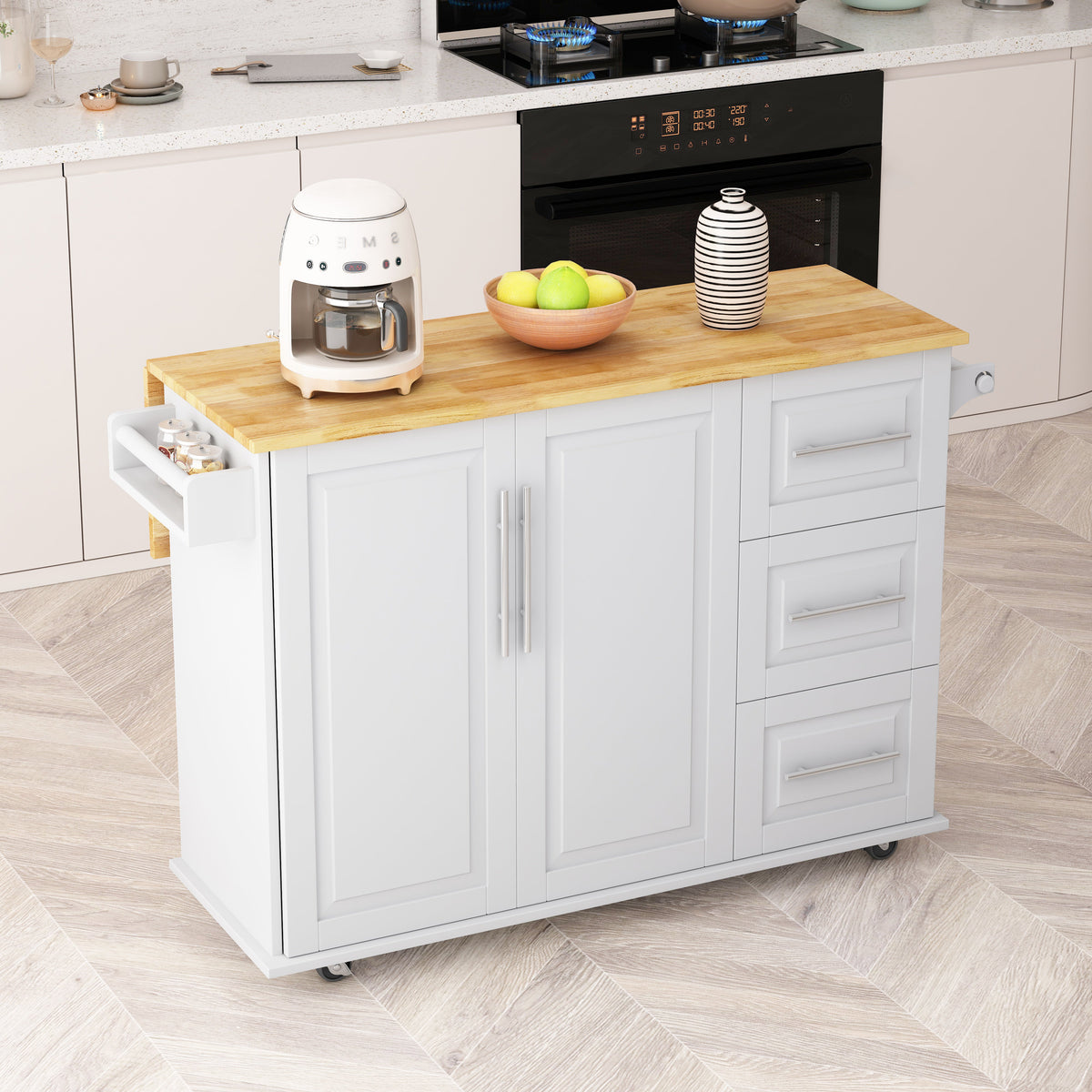 Kitchen Island Cart with 2 Door Cabinet and Three Drawers