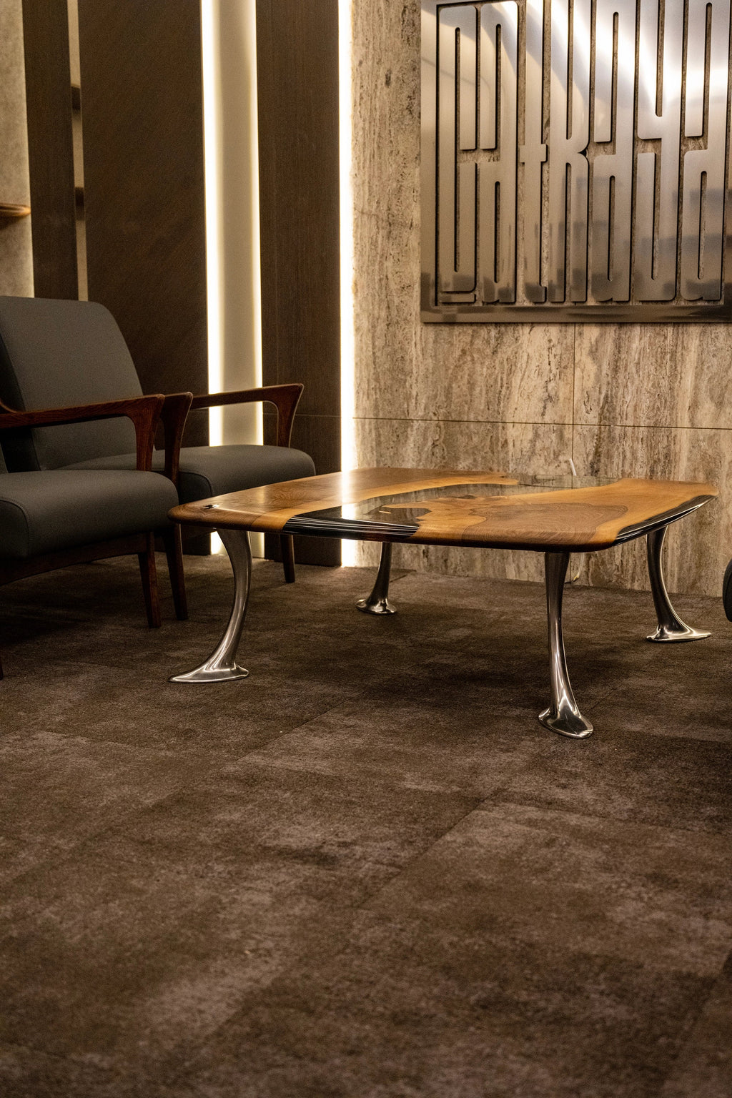 Luxury D-Shaped Walnut & Epoxy Executive Desk