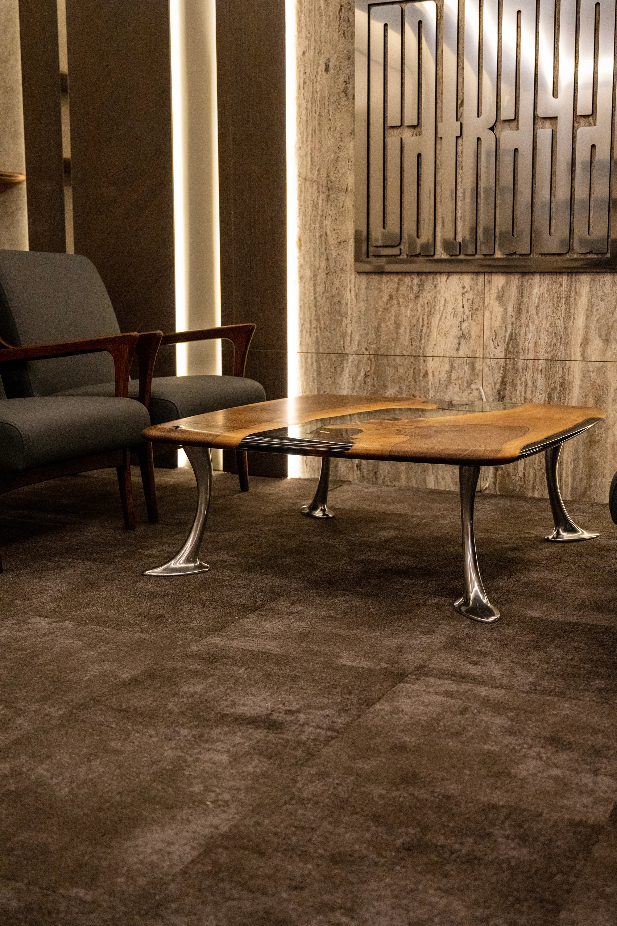 Luxury D-Shaped Walnut & Epoxy Executive Desk