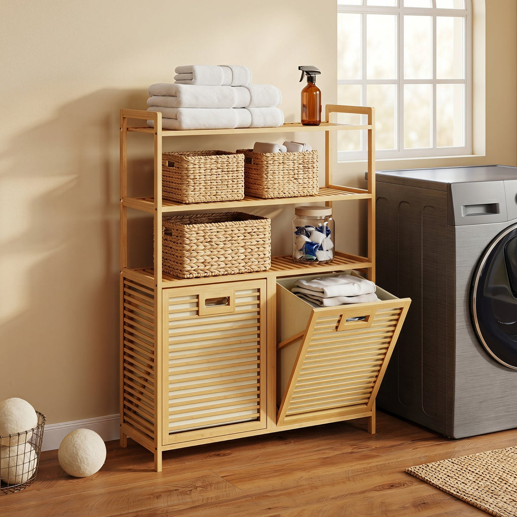 Double Tilt-Out Laundry Hamper with 3 Shelves & Baskets