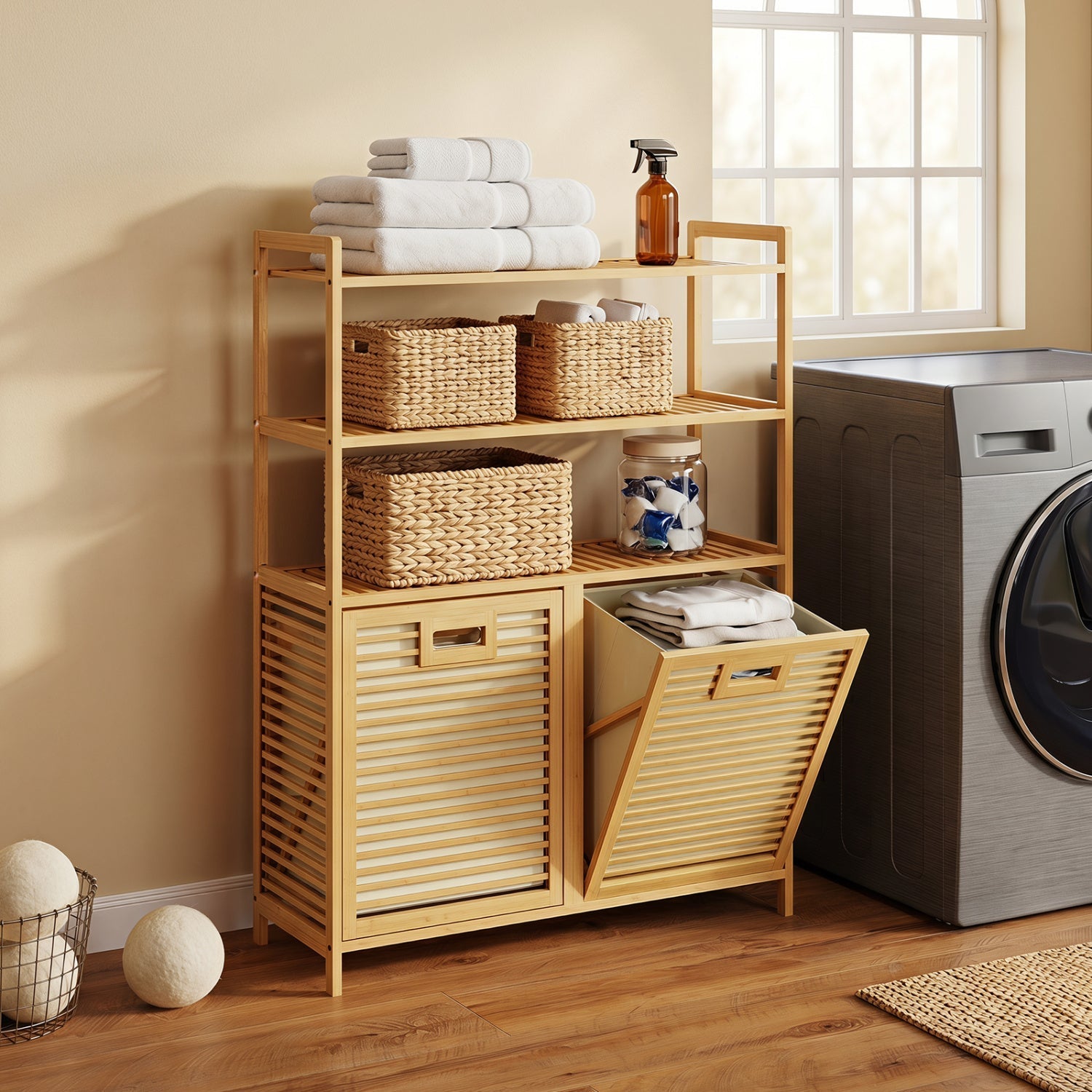 Double Tilt-Out Laundry Hamper with 3 Shelves & Baskets