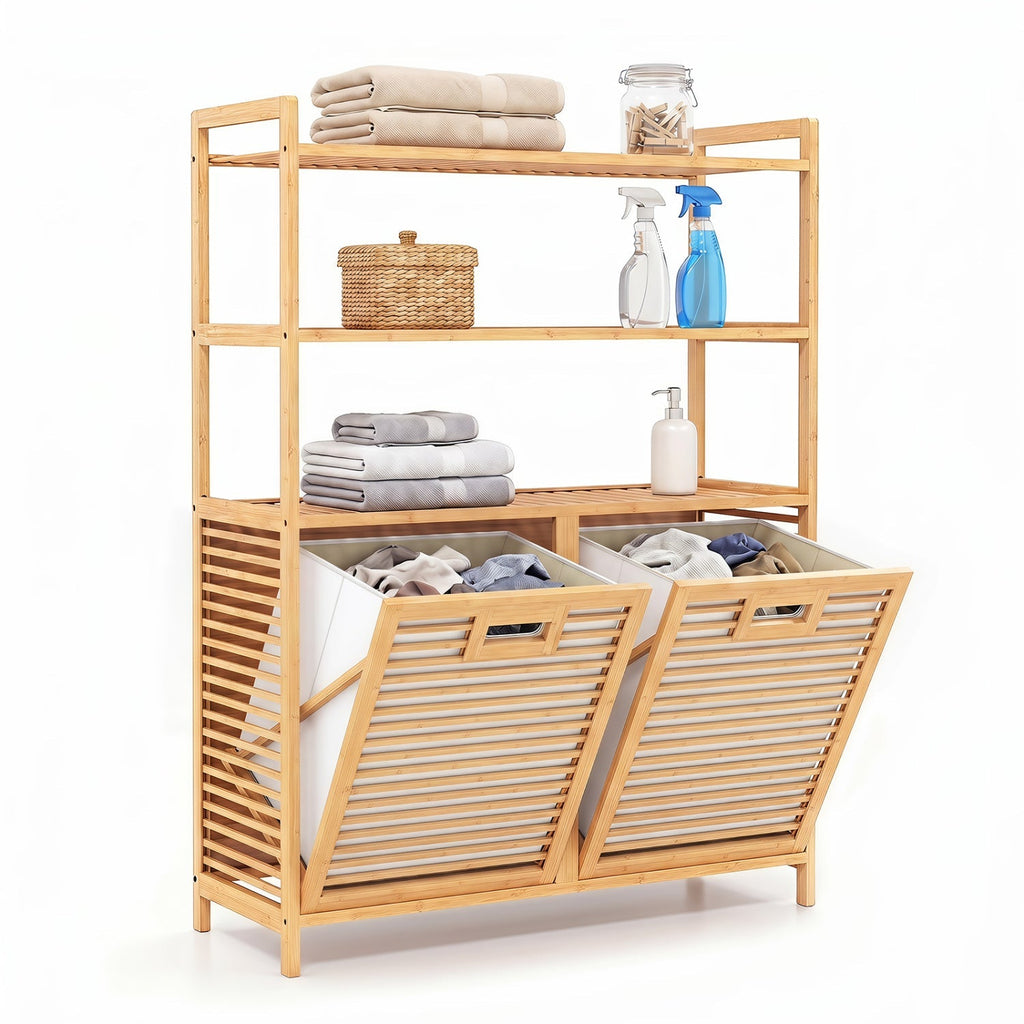 Double Tilt-Out Laundry Hamper with 3 Shelves & Baskets