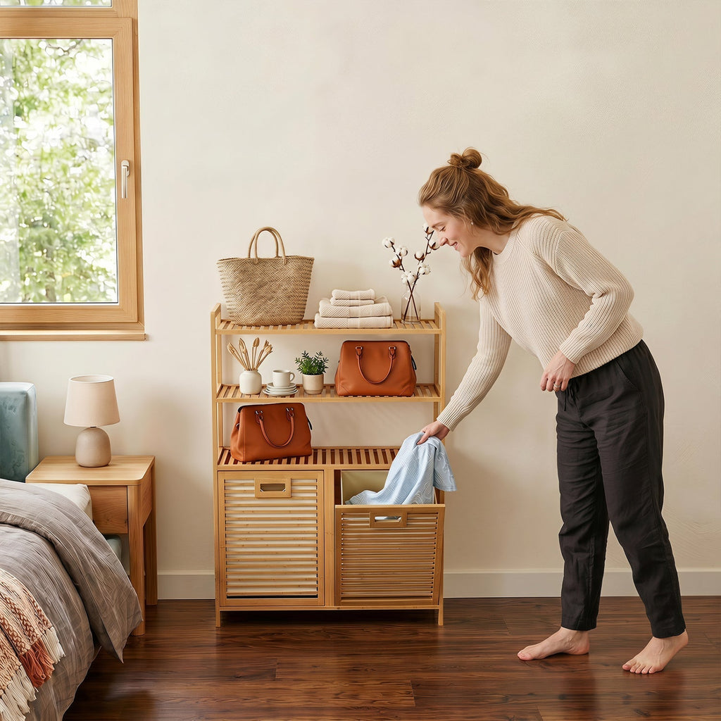 Double Tilt-Out Laundry Hamper with 3 Shelves & Baskets