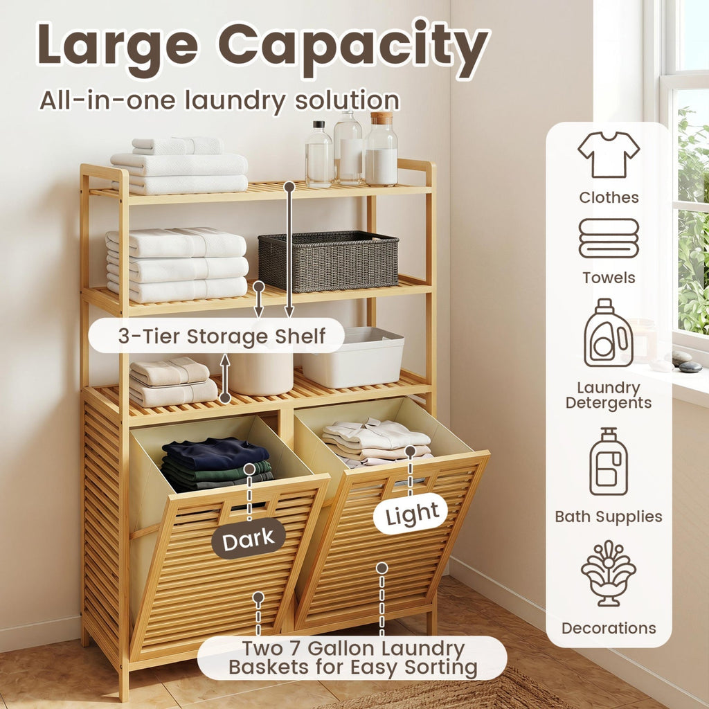 Double Tilt-Out Laundry Hamper with 3 Shelves & Baskets