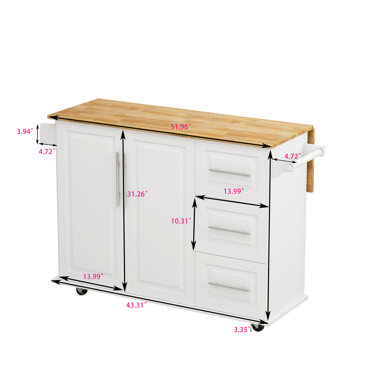 Kitchen Island Cart with 2 Door Cabinet and Three Drawers