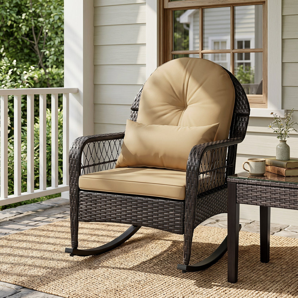 Outdoor Wicker Rocking Chair with Cushions