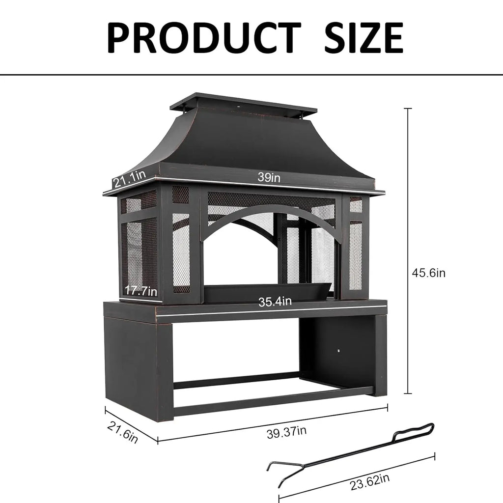 Wood Burning Outdoor Fireplace With Chimney And Spark Screen