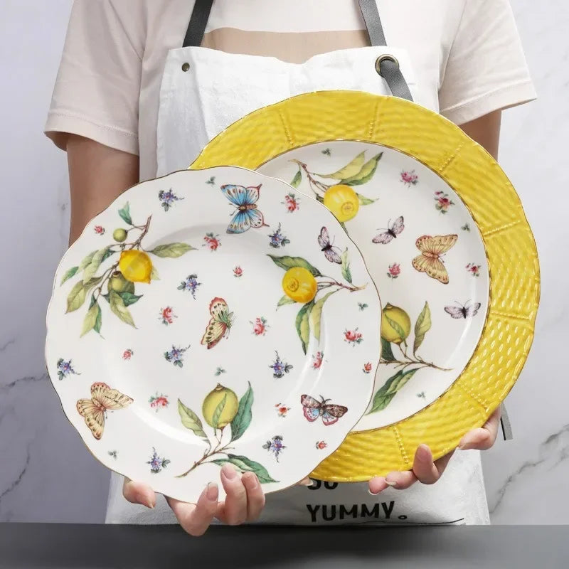 Ceramic Dining Plate Elegant Lemon Pattern Dinner