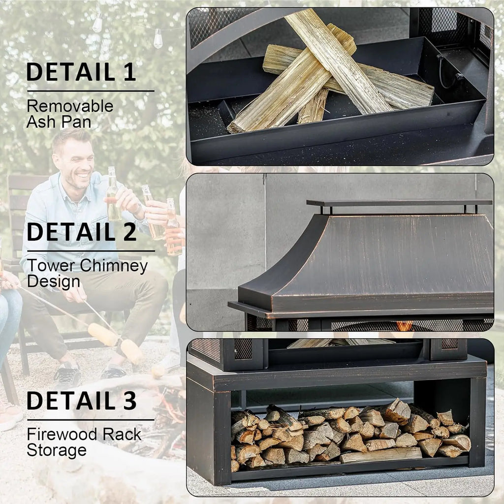 Wood Burning Outdoor Fireplace With Chimney And Spark Screen