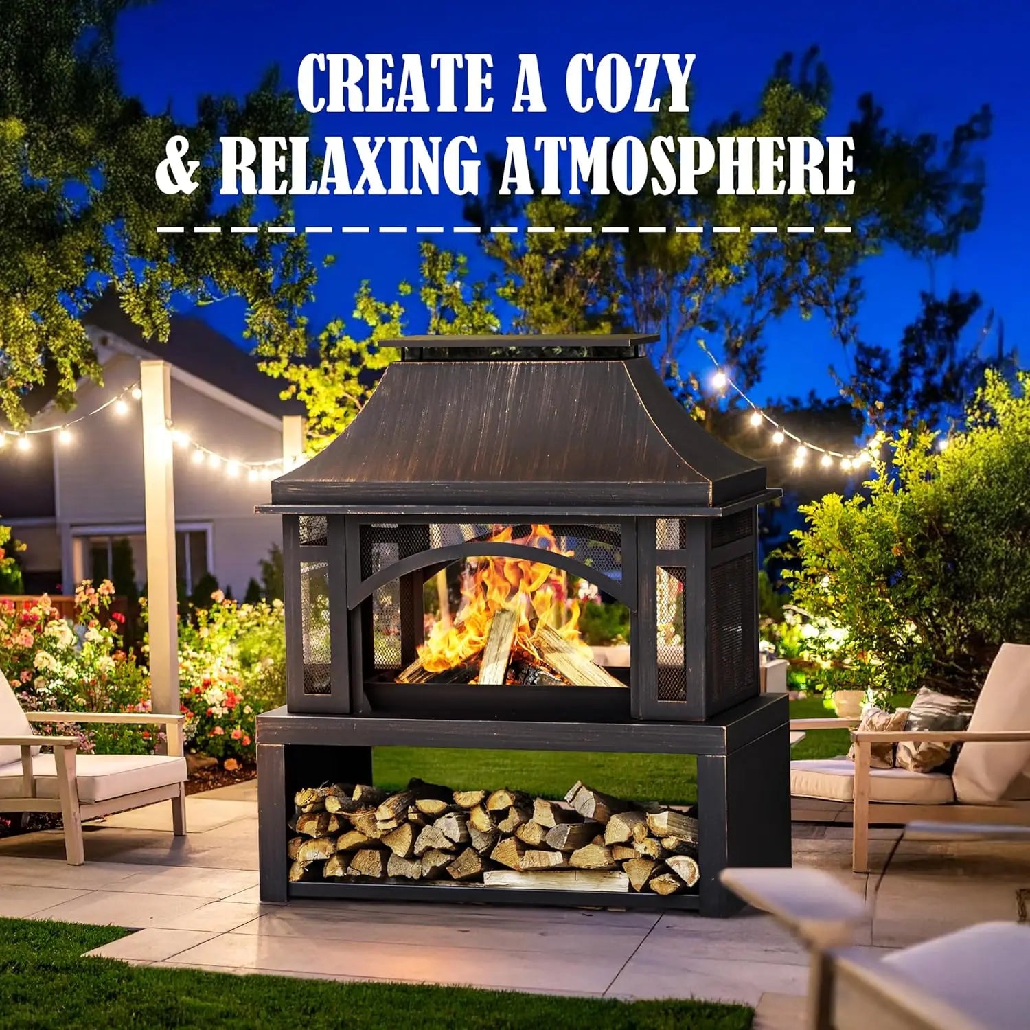 Wood Burning Outdoor Fireplace With Chimney And Spark Screen