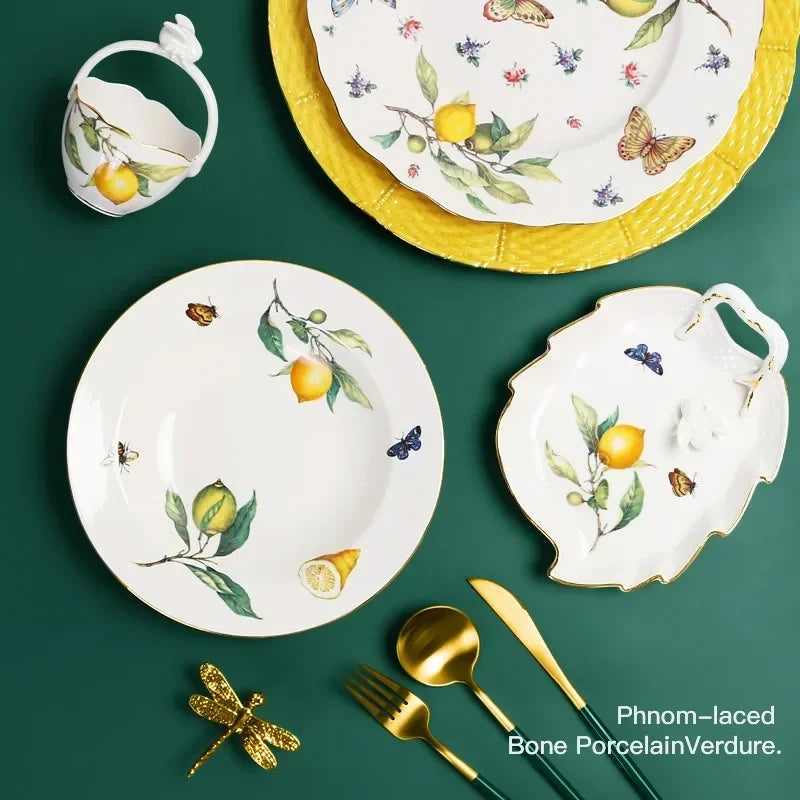 Ceramic Dining Plate Elegant Lemon Pattern Dinner