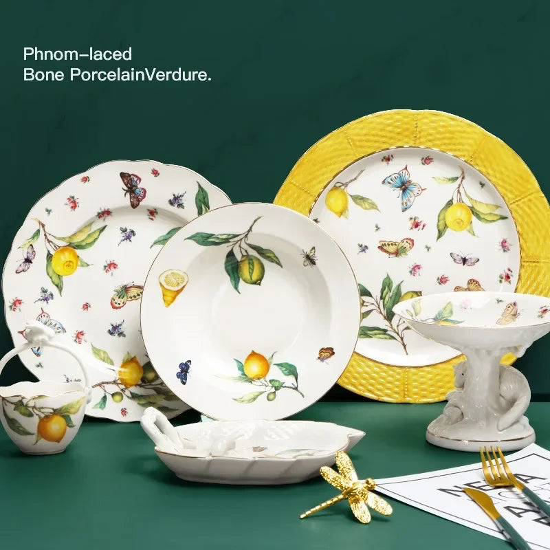 Ceramic Dining Plate Elegant Lemon Pattern Dinner