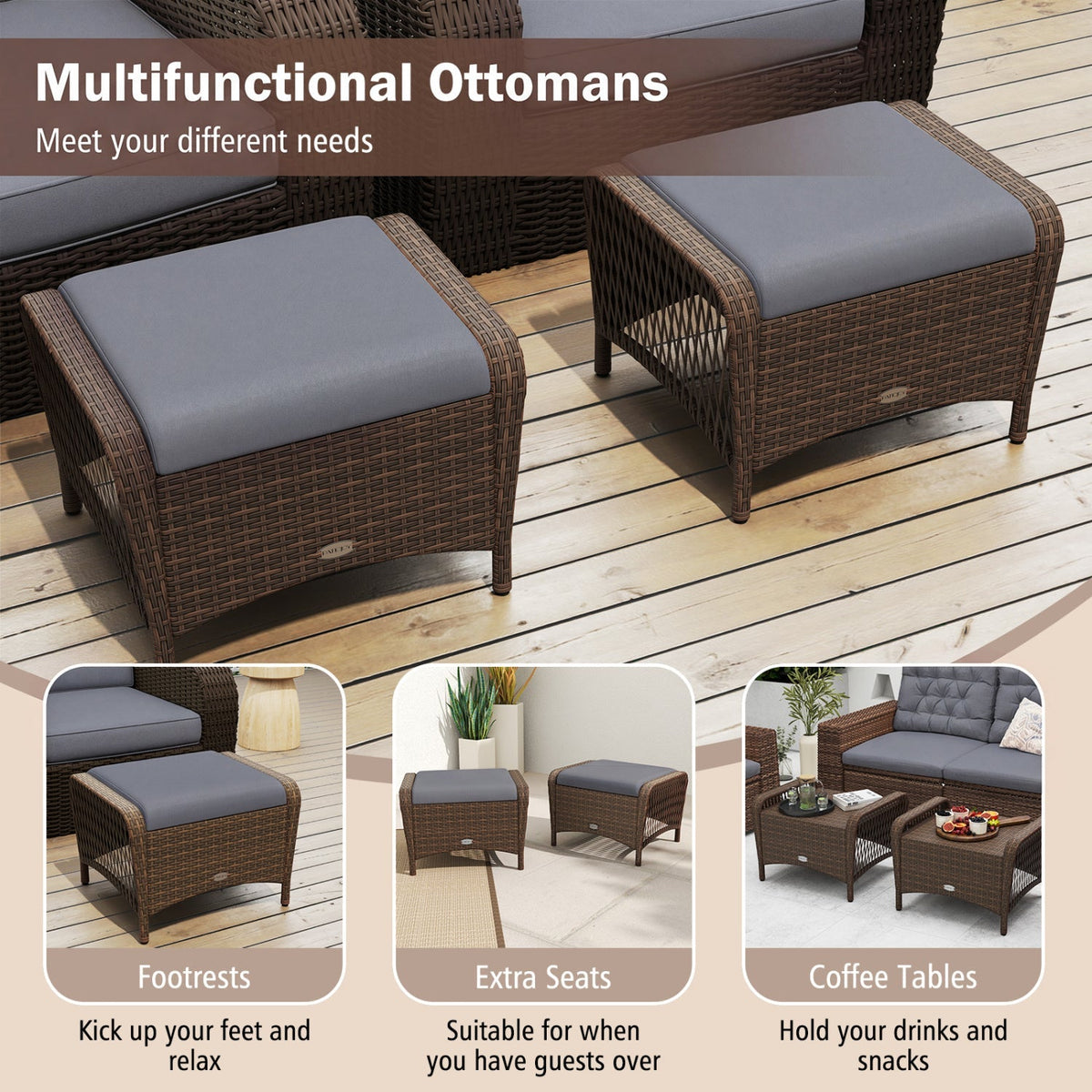 Outdoor  Wicker Ottomans Set of 2 with Removable Cushions