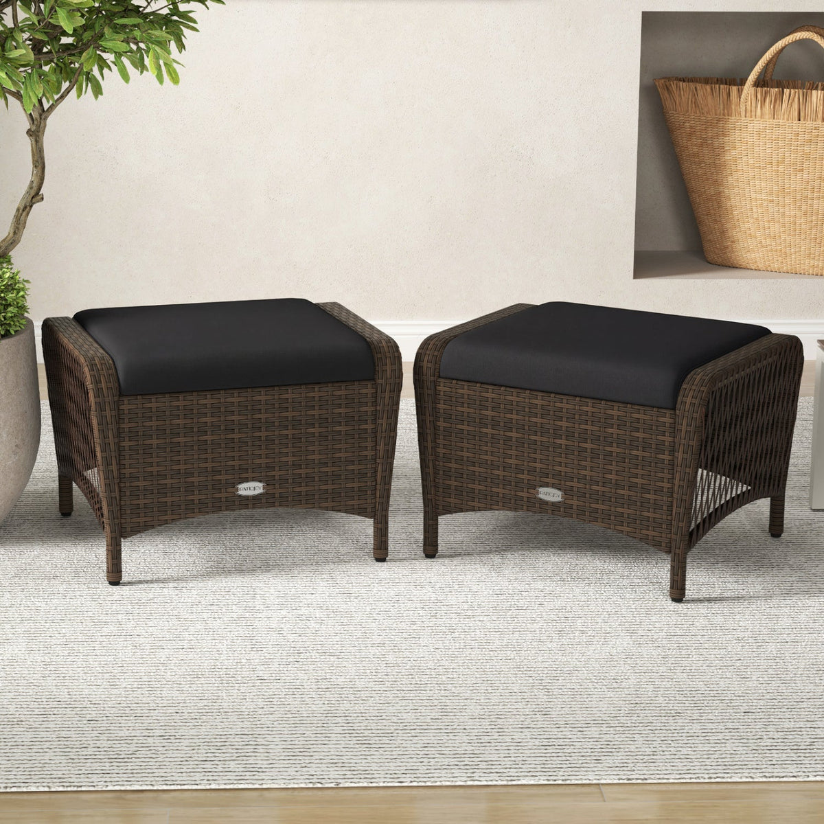 Outdoor  Wicker Ottomans Set of 2 with Removable Cushions