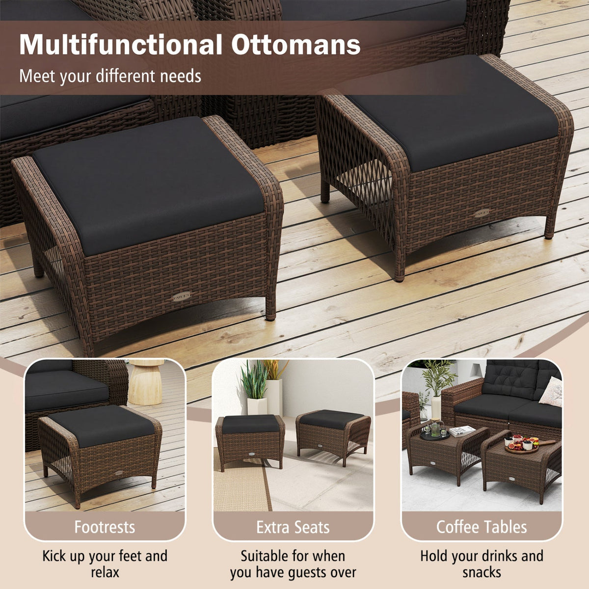 Outdoor  Wicker Ottomans Set of 2 with Removable Cushions