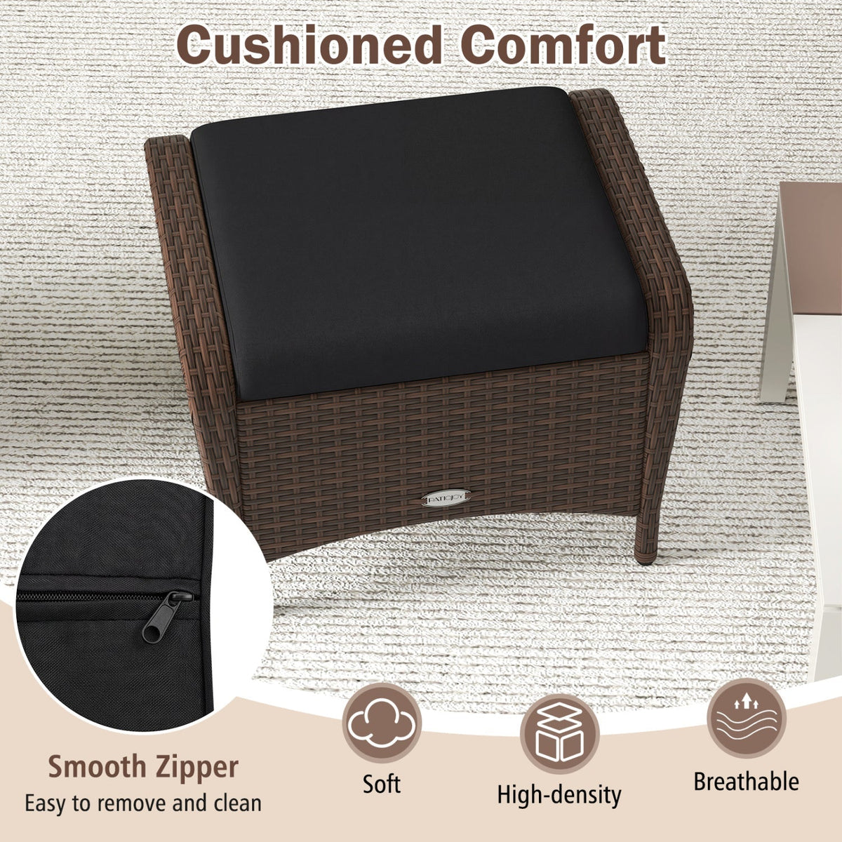 Outdoor  Wicker Ottomans Set of 2 with Removable Cushions