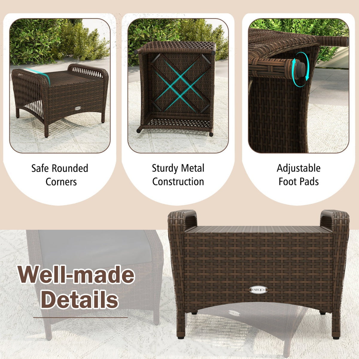 Outdoor  Wicker Ottomans Set of 2 with Removable Cushions
