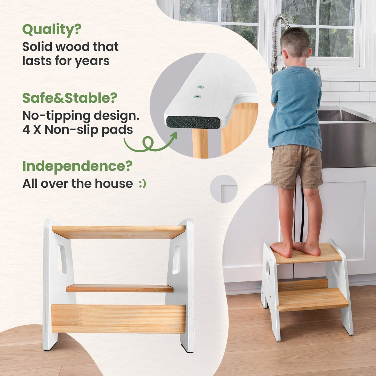 2-Step Wooden Stool for Toddlers(Step Stool for Children Ages 2+)