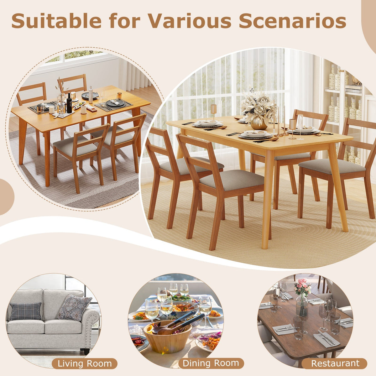 Wooden Dining Chair Set of 2 Farmhouse Kitchen Chair with Upholstered Seat-Brown