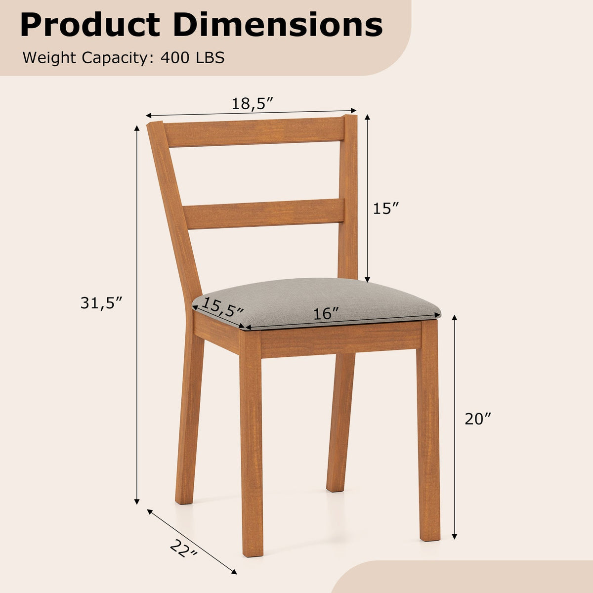 Wooden Dining Chair Set of 2 Farmhouse Kitchen Chair with Upholstered Seat-Brown