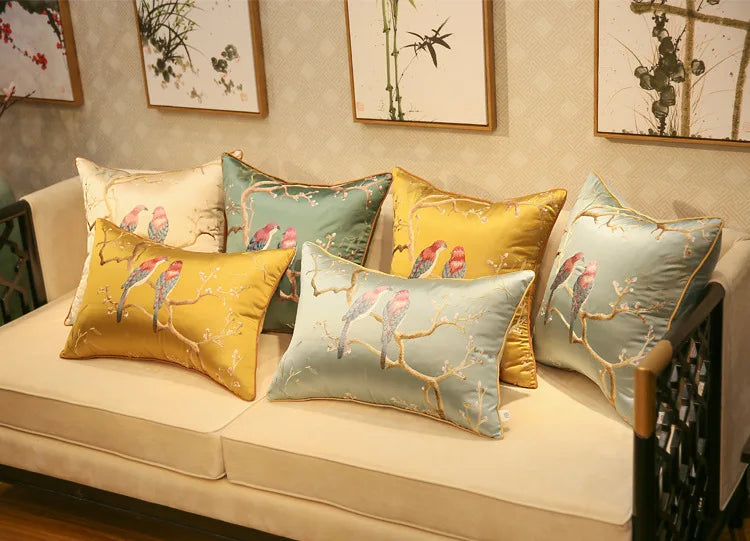 Chinese-Style Sparrow Embroidered Cushion Cover