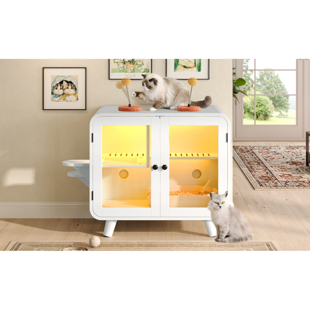 Hidden Cat Litter Box Cabinet – RGB LED, Glass Doors, Litter Walkway & Pom-Pom Toys, White